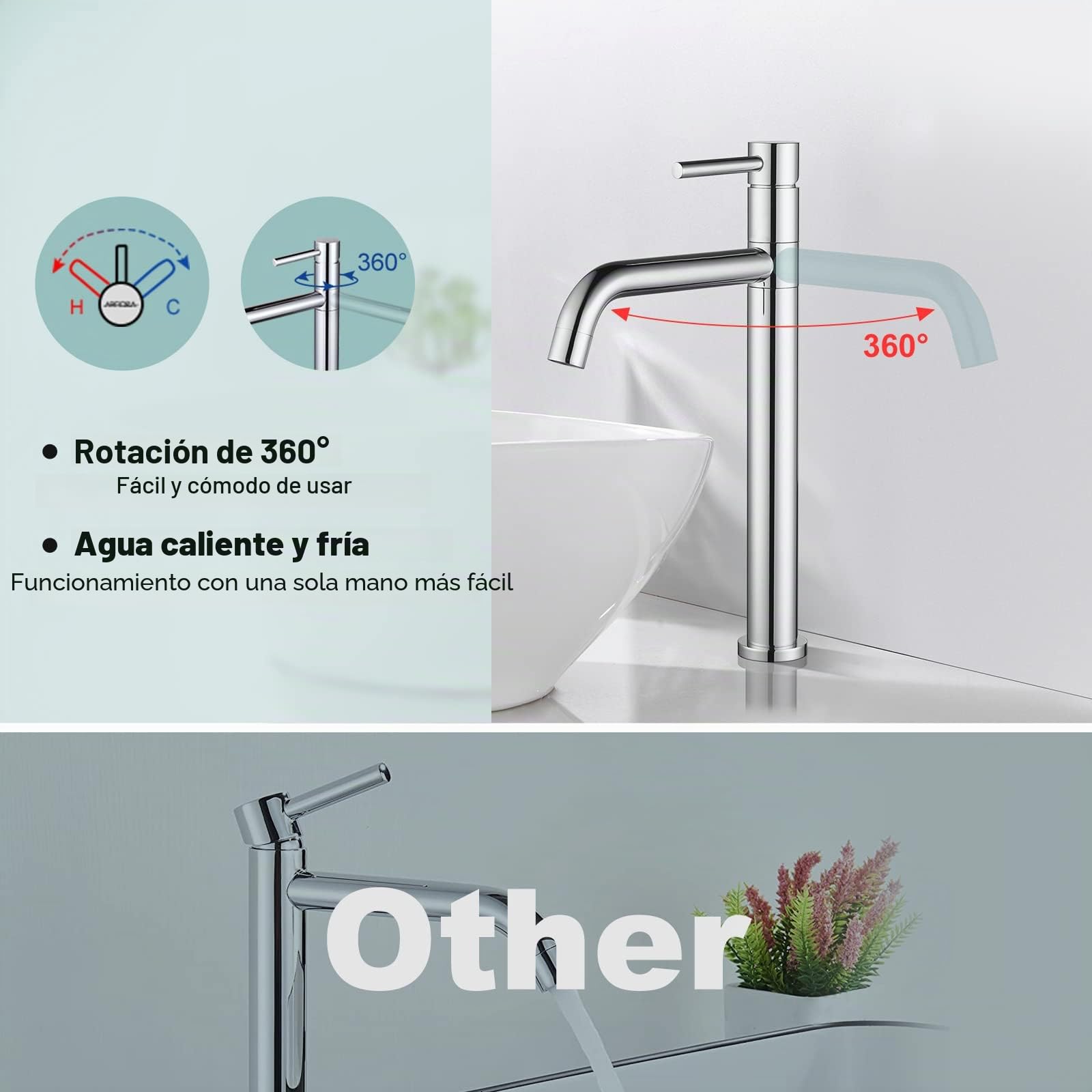 ARCORA Grifo de Lavabo Elevado, 328mm Grifo de Baño, con Aireador Extraíble y Cartucho Cerámico, Giro de 360°, Salida de Agua Fría y Caliente Regulable, para Lavabos Elevados de Baño, Cromado