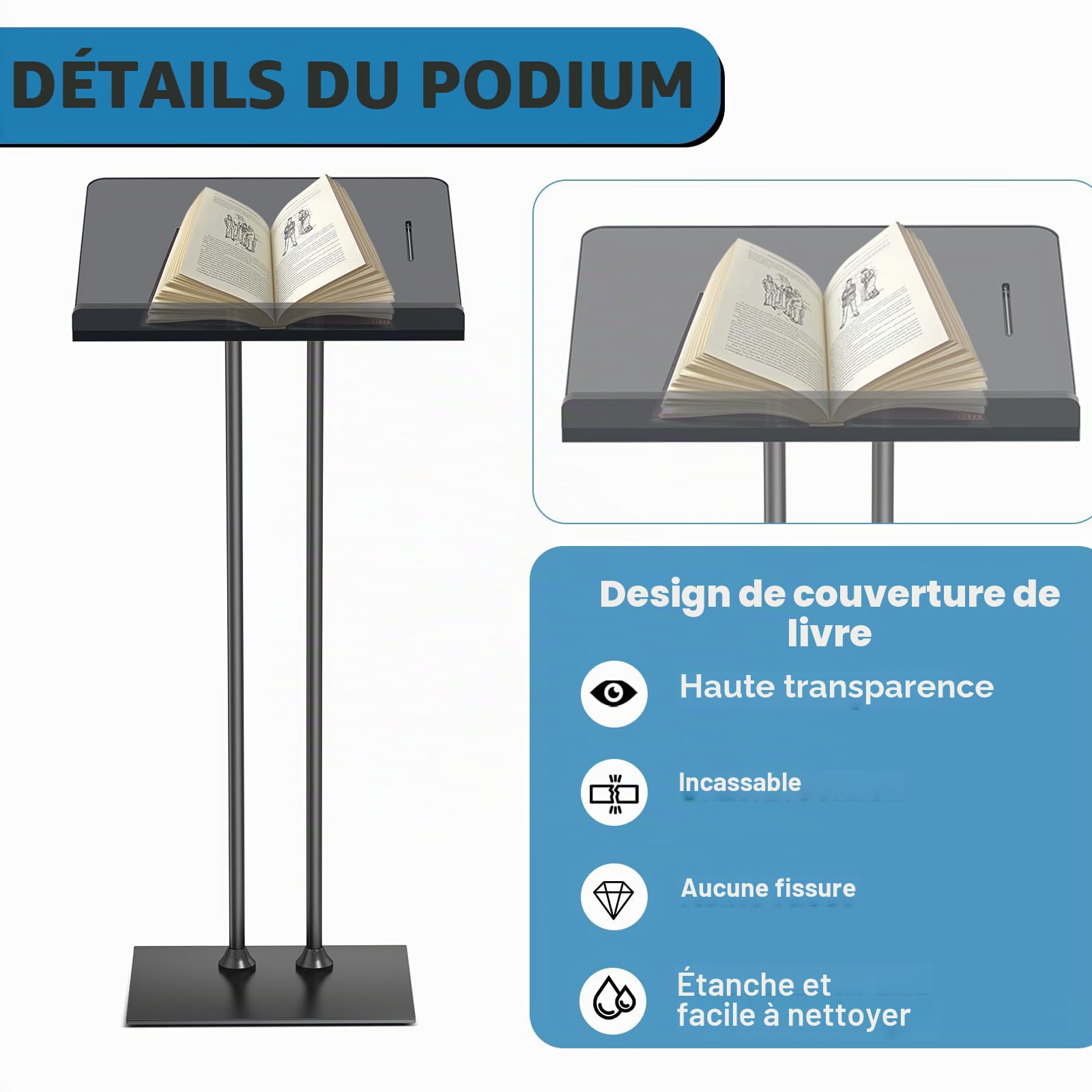 Afitdon Podium en acrylique avec fond stable et fente pour stylo, noir avec plate-forme de lecture en acrylique épais de 10 mm d'épaisseur, support de podium pour église, conférence, mariage, salle de