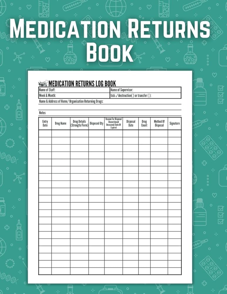 medication-returns-log-book-unique-personalized-to-track-returned-and-expired-drugs-for-disposal-controlled-drug-recording-medication-hospitals-care-homes-a4-large-size-jhon-loriinana for Free Printable Medication Count Sheet Medication Returns Log Book: Unique & Personalized to Track Returned and Expired Drugs for Disposal | Controlled Drug Recording | Medication ... Hospitals & Care Homes - A4 Large Size.: Jhon Loriinana for Free Printable Medication Count Sheet