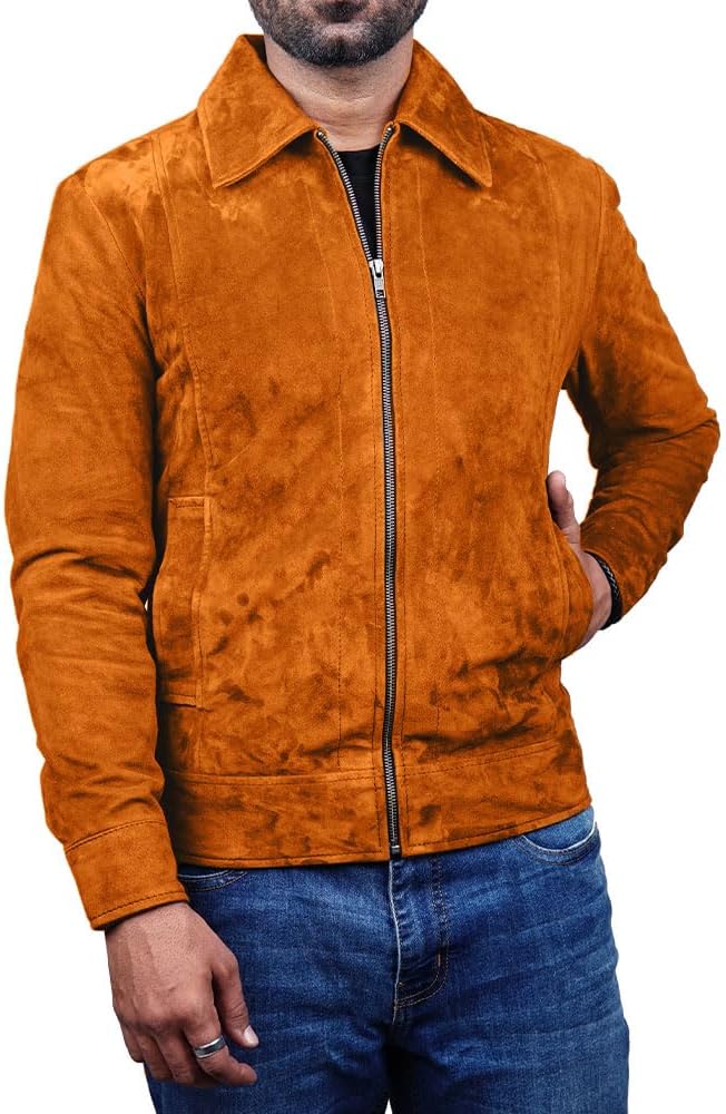Mens Polo Collar Zipper Suede Shirts Long Sleeve Shacket Suede Trucker Jacket Real Suede Leather Shirt
