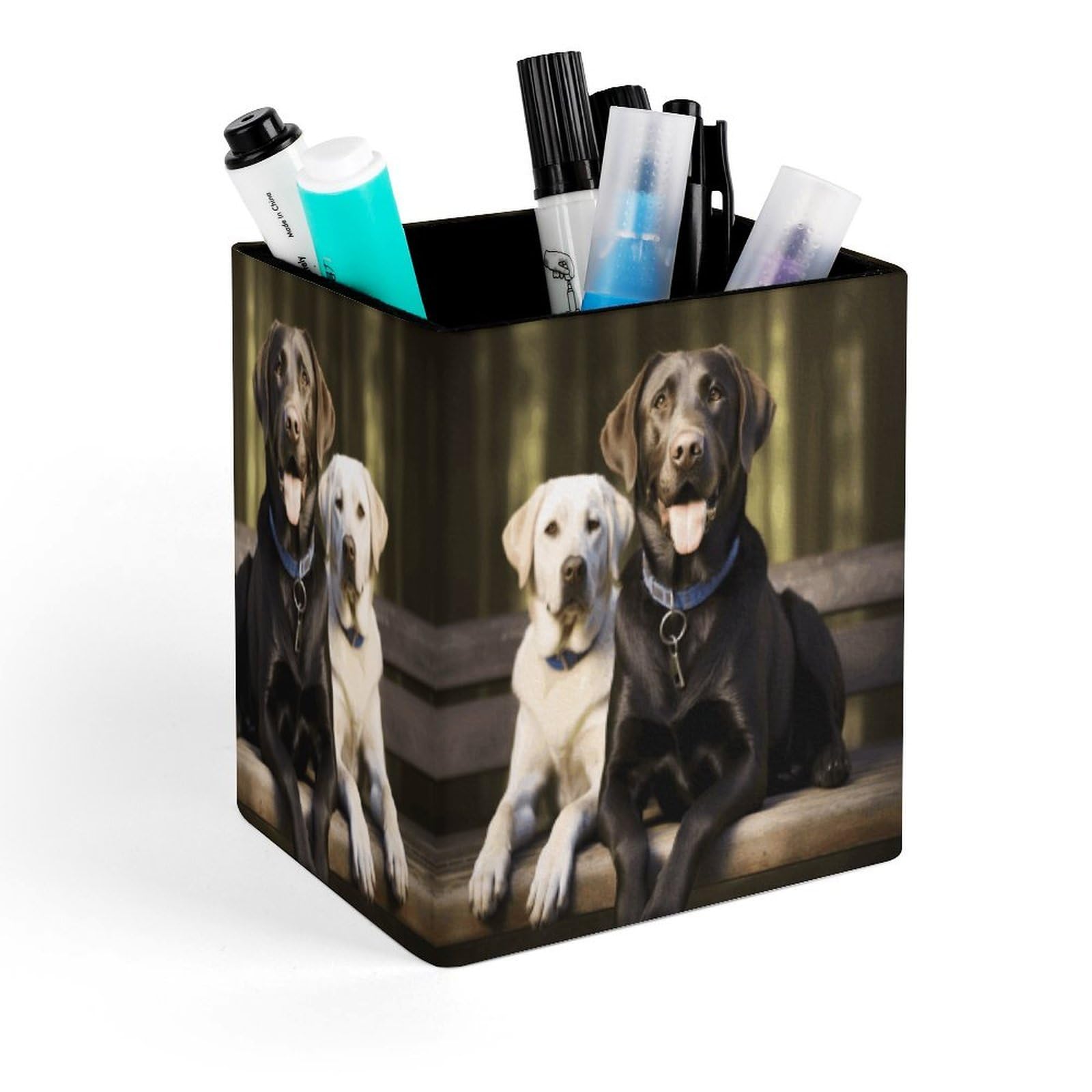 FekiLoot Labrador Pencil Holder for Desk Square Leather Pen Holder Cup Desktop Organizer Multi-Functional Pencil Cup Holders Modern Decorative Desk Organizer Caddy Makeup Brush Holders