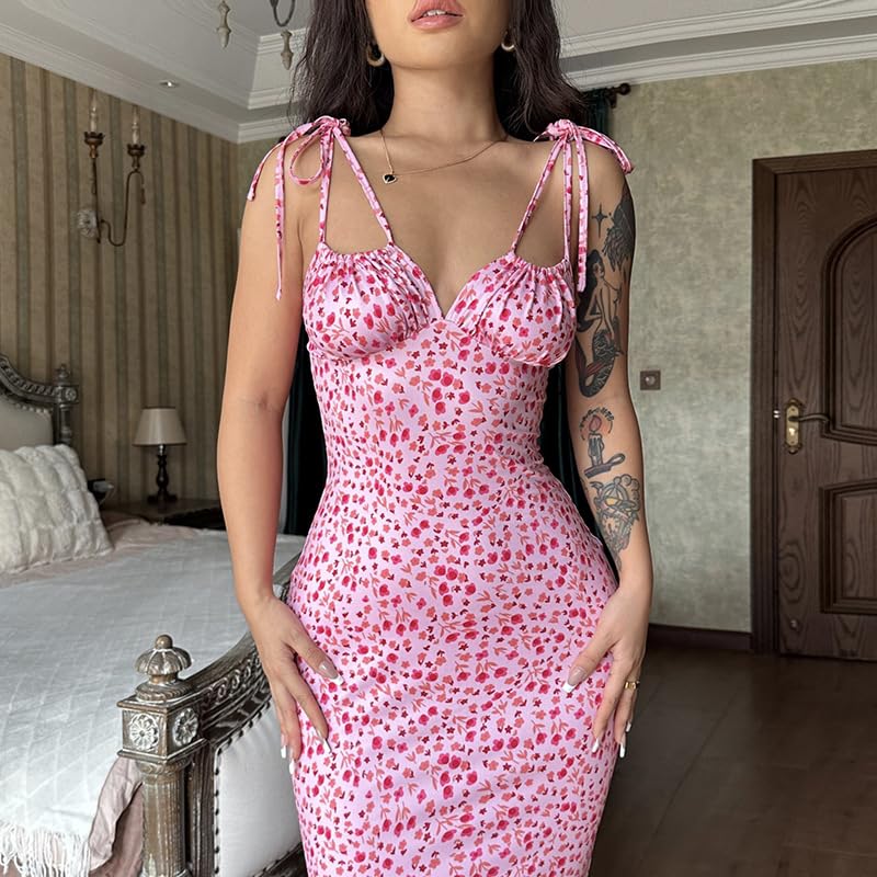 Image of Women Floral Printed Spaghetti Strap Maxi Dress Long Dress Backless Tie Shoulder Mermaid Dress