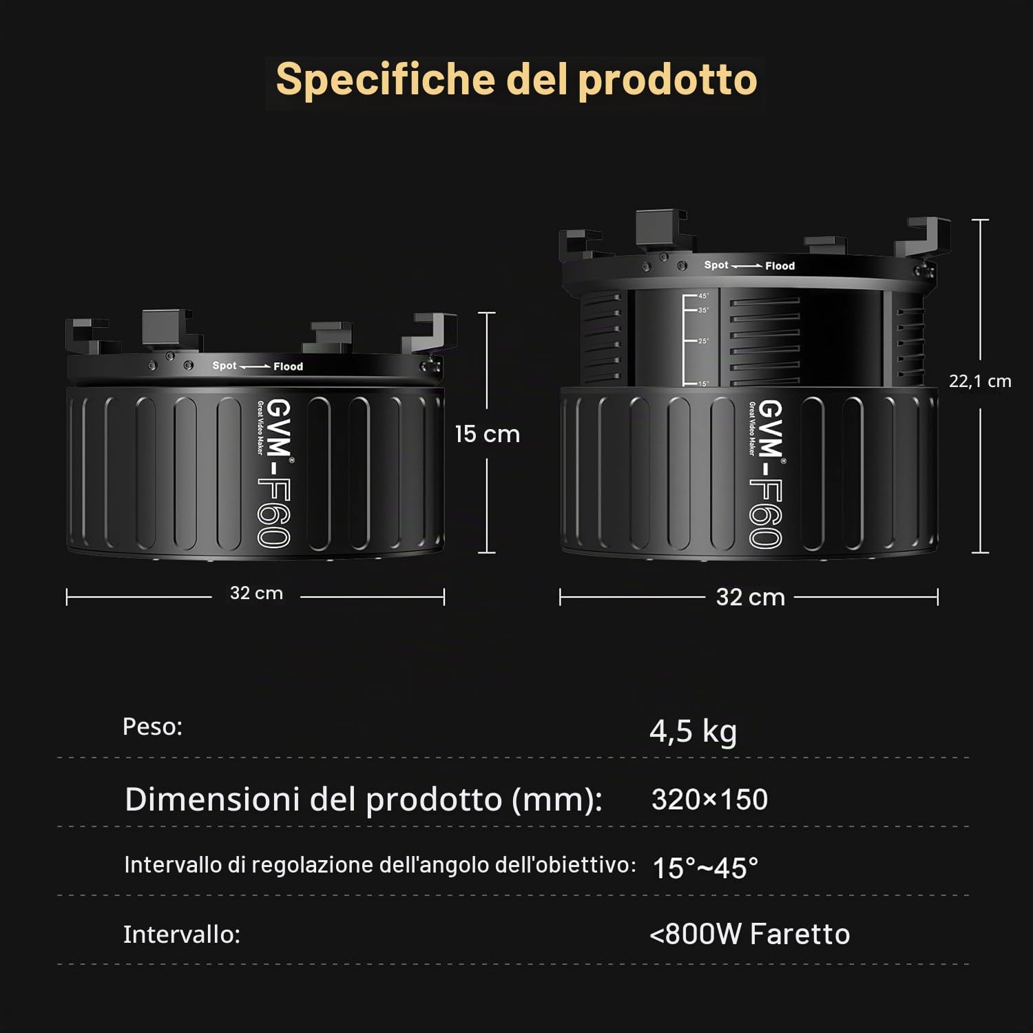 GVM - Lente Fresnel per luce video a LED con supporto Bowens, compatibile con PROSD400B, 500B, 650B, SD600D, SD600S, illuminazione di uscita continua per studio fotografico