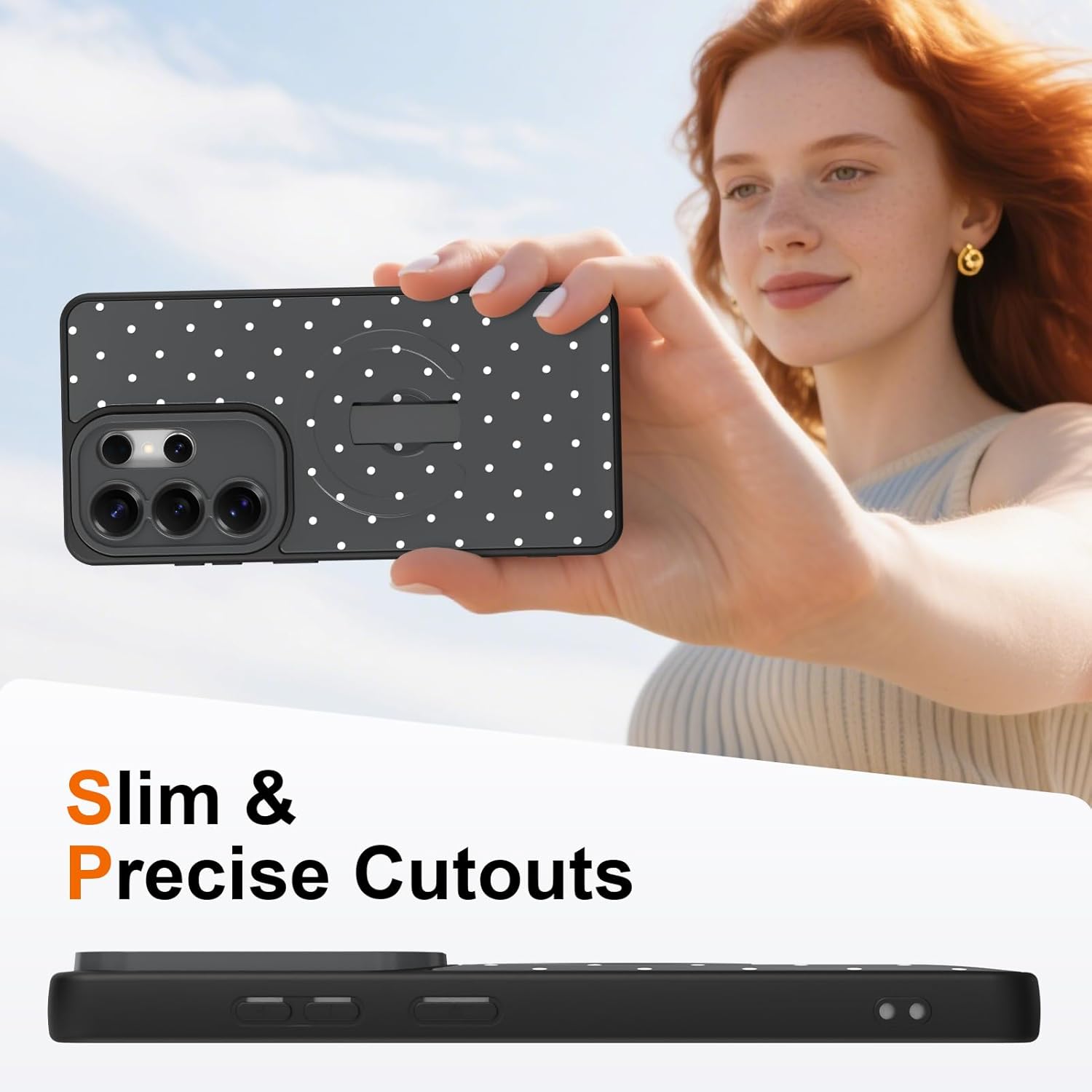 KANGHAR for Samsung Galaxy S26 Ultra Case, Cute Polka Dot Phone Cover with Kickstand & Adjustable Finger Strap, Full Camera Protection, Shockproof Protective Magnetic Cover - Black