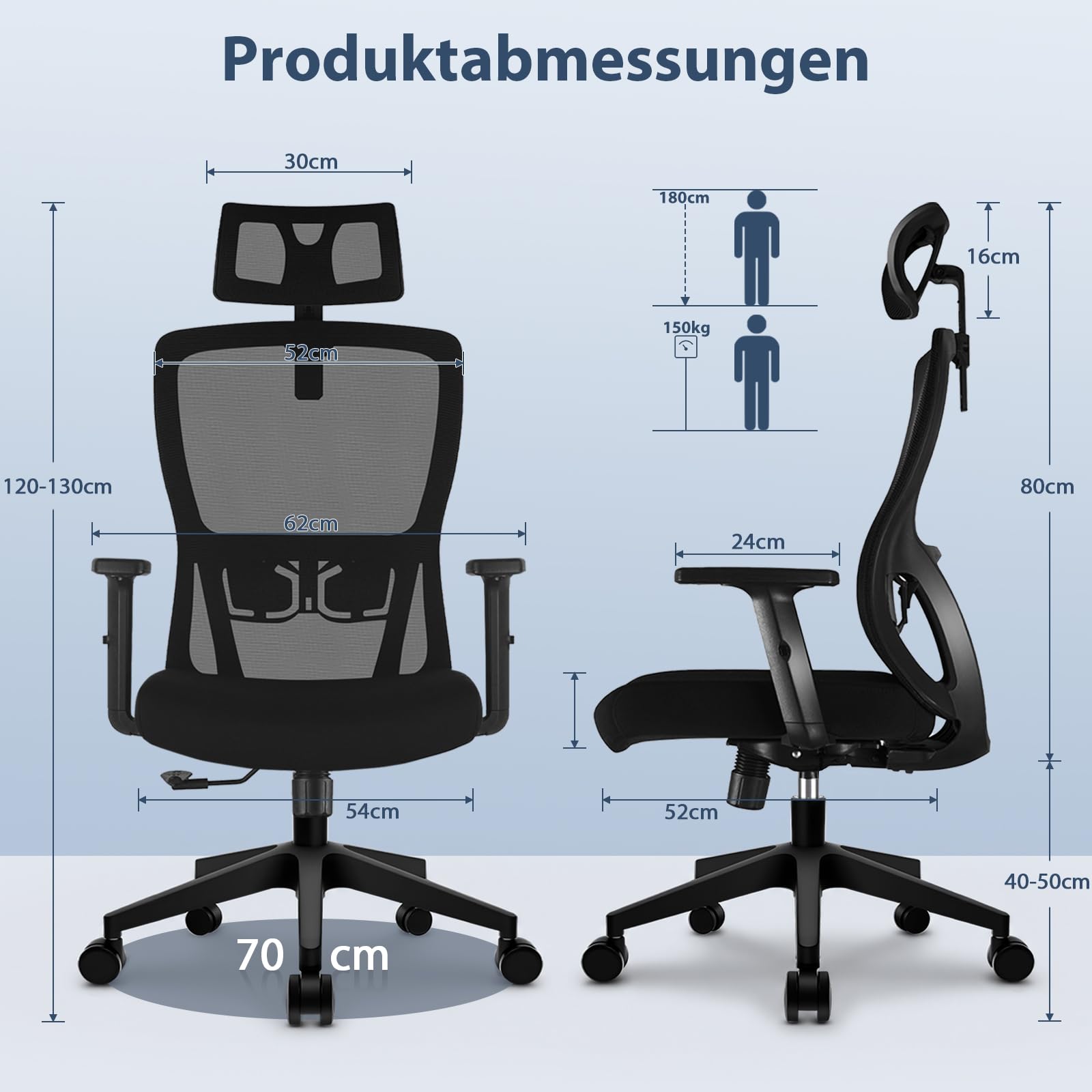 Durrafy Ergonomischer Bürostuhl, Bürostuhl 150 kg belastbar mit Verstellbarer Lordosenstütze und Kopfstütze, Netzstuhl Schreibtischstuhl mit 90°-130° Liegefunktion, Drehstuhl für Home Office, Schwarz
