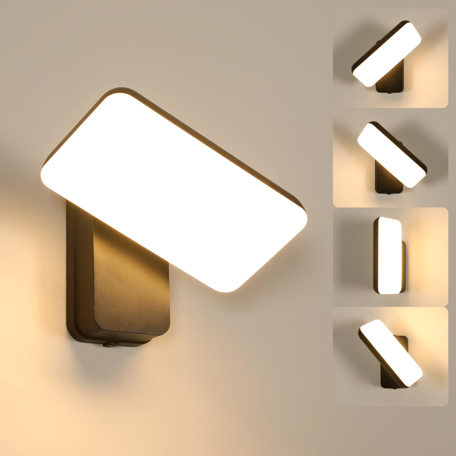 Comely Aplique Pared Exterior LED, 16W IP65 Resistente lampara Exterior Pared Agua 350° Giratoria Moderna Luces LED Exterior para Jardines, Terraza, Baño, Negro, Luz Cálida 3000K, Control Interruptor