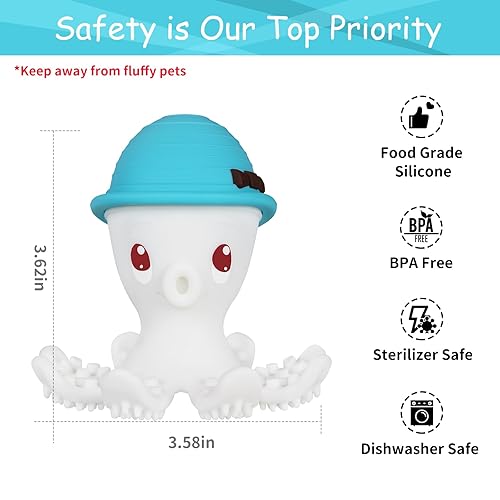 Miniatura 6 de Octopus - Mordedor sensorial de silicona para bebés de 3 a 18 meses, juguetes divertidos para bebés, color azul