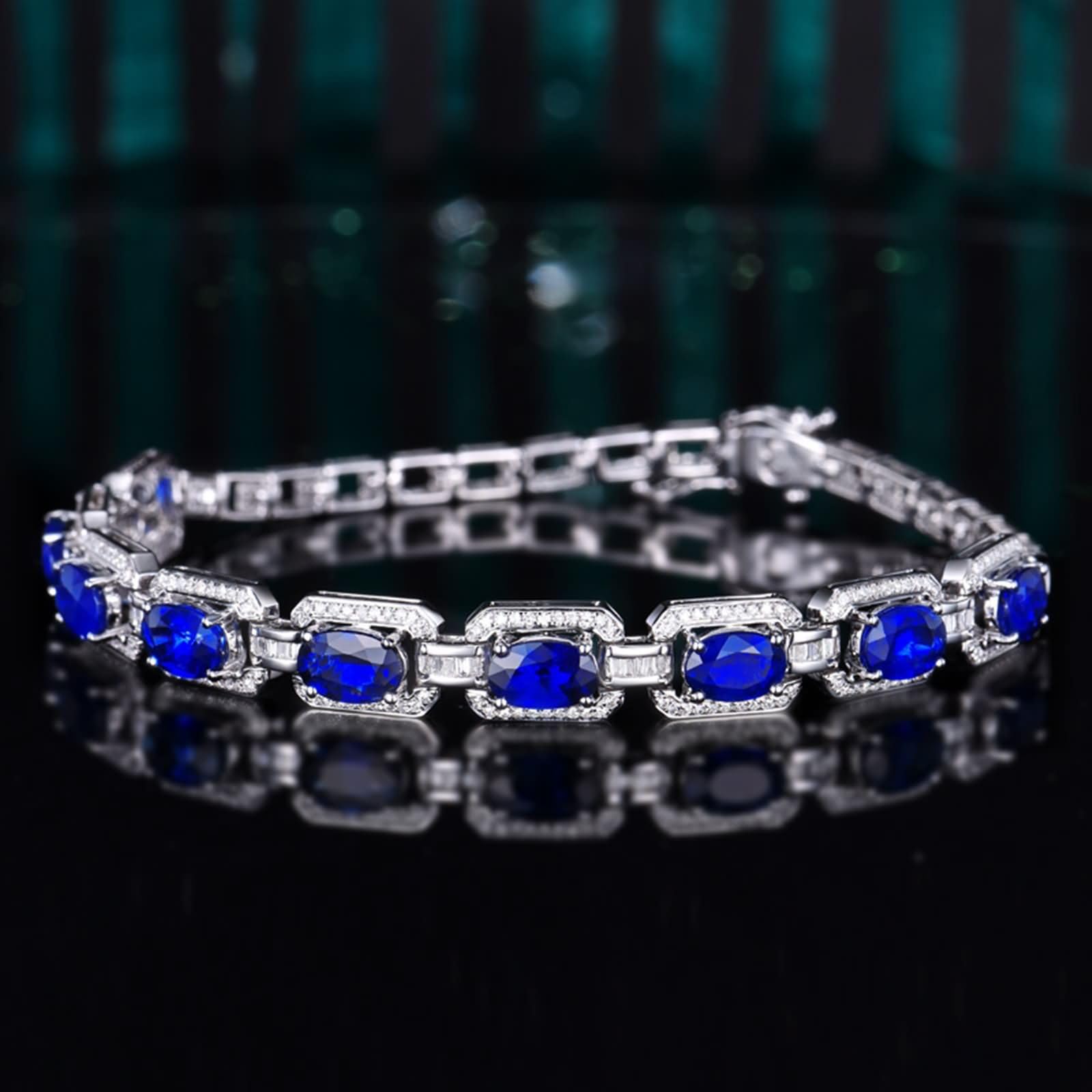 Pulseras de Mujer de Oro Blanco de 9Kilates / 14Kilates / 18Kilates, Rectángulo Oval con Zafiro Creado de 2,33 ct y Diamante, Cadena 16 CM, Pulseras de Cadena Plata Azul Verde Mujer
