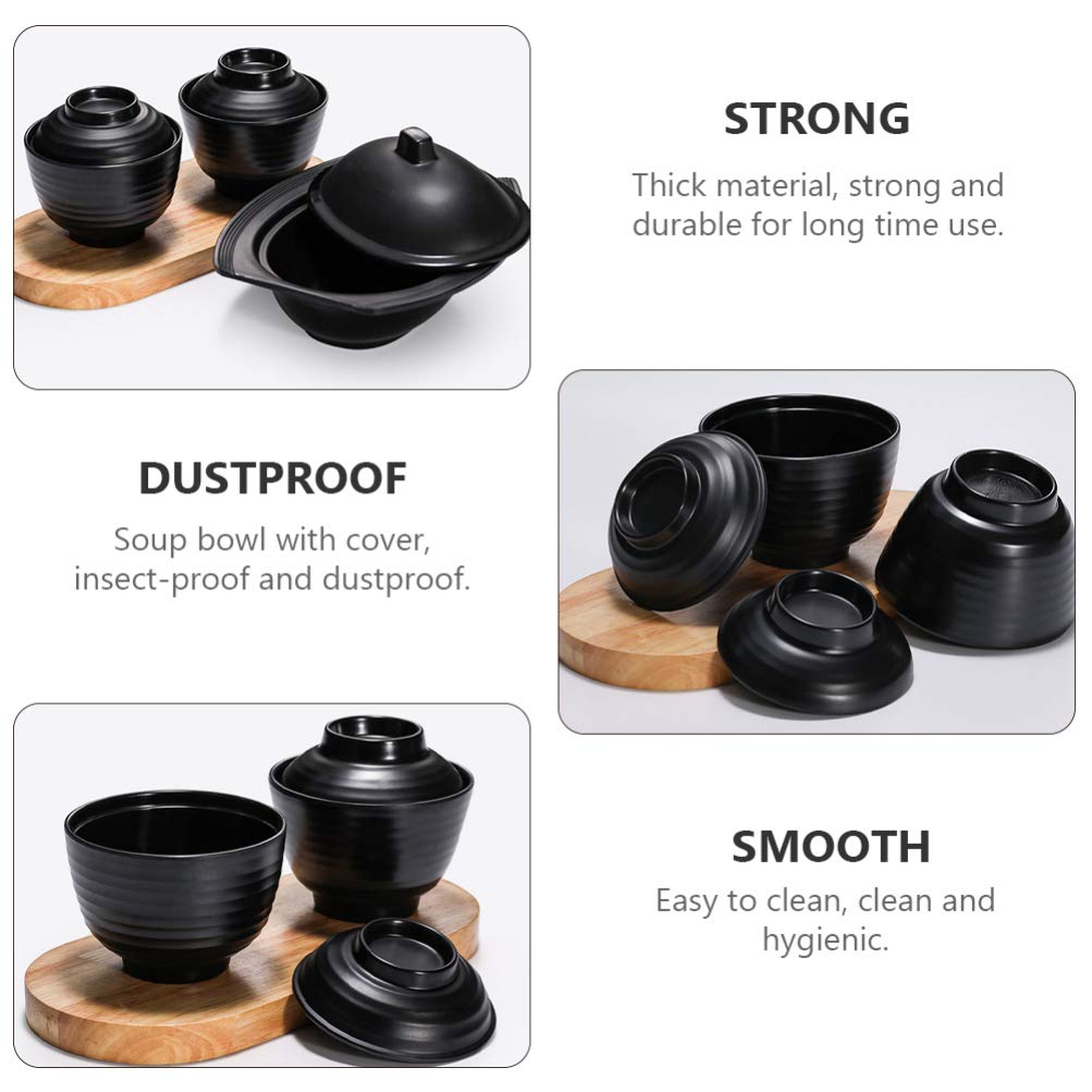 Bol à Soupe Miso Japonais En Résine Effet Laqué, Avec Couvercle, Noir, Ligne Dorée - GORUDENRAIN