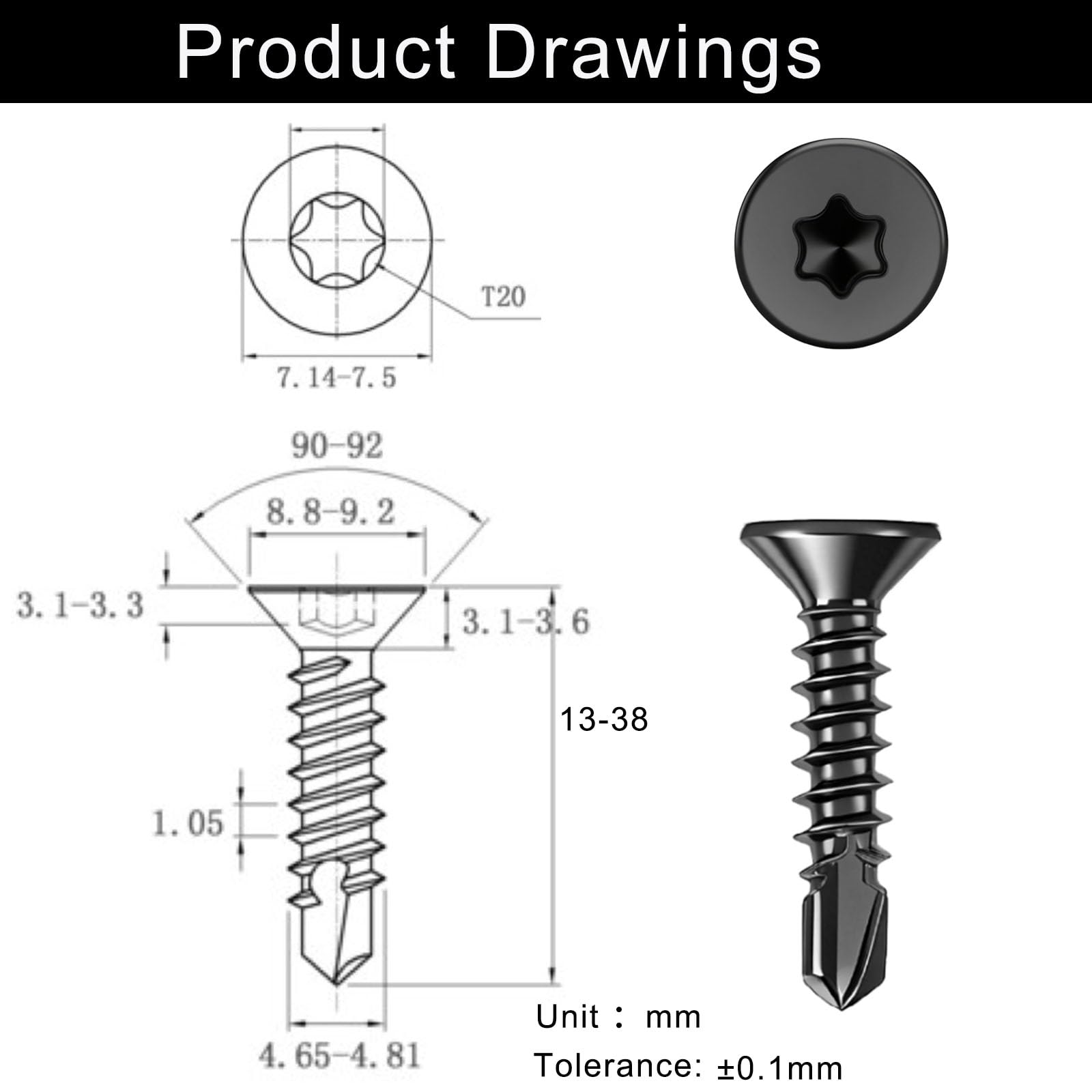 100 sztuk wkrętów Torx, wkręty samowiercące, z łbem stożkowym, M4, 2 x 38 mm, samowiercące się wkręty ze stali nierdzewnej, 410, czarne, do metalowych, asortyment 1 bitów TX20