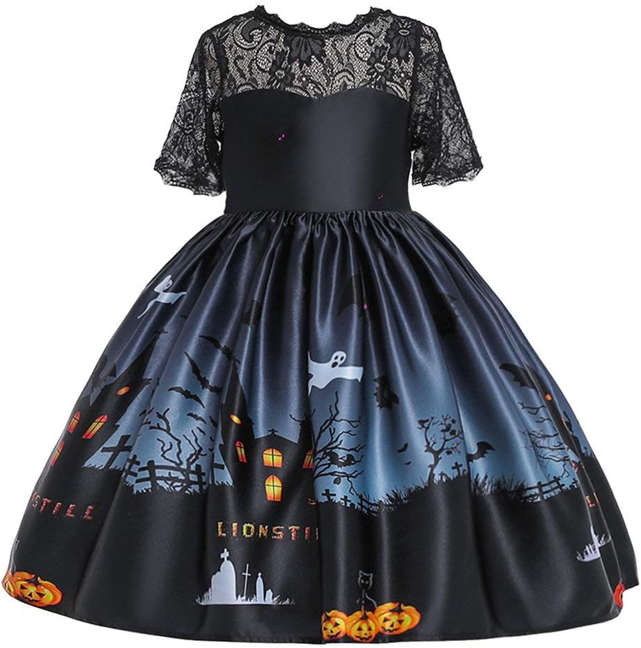jin＆Co Toddler Teen Kids Girls Short Sleeve Printed Party Dress Halloween Costume Pumpkin Princess Dress Up Outfits