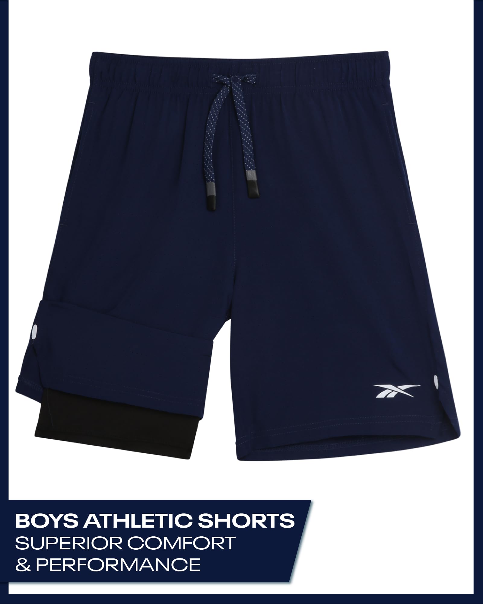 Reebok Boys Shorts - 2 in 1 Basketball Shorts with Compression Liner and Pockets - Gym and Running Boys Athletic Shorts, Size 10-12, Dark Blue