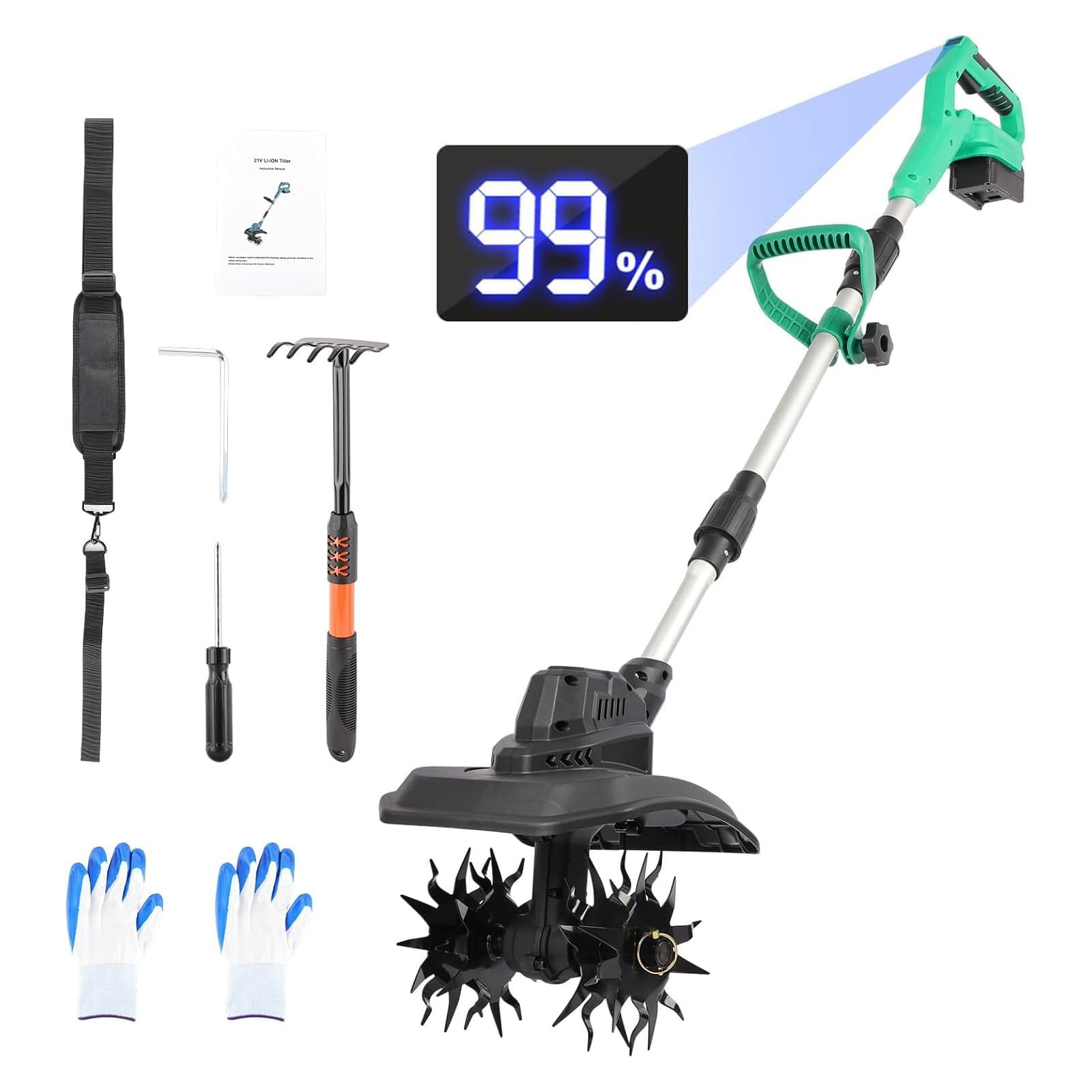 Cordless Tiller Cultivator Compatible with Makita DeWalt (No Battery), with Shoulder Strap Digital Display, 500W 300 RPM 23cm Width 16cm Depth, for Garden Soil Cultivation