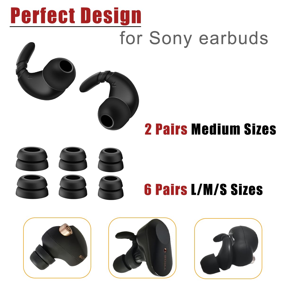 Almohadillas antideslizantes de doble brida para auriculares Sony WF-1000XM4/WF-C500/Linkbuds S, color negro