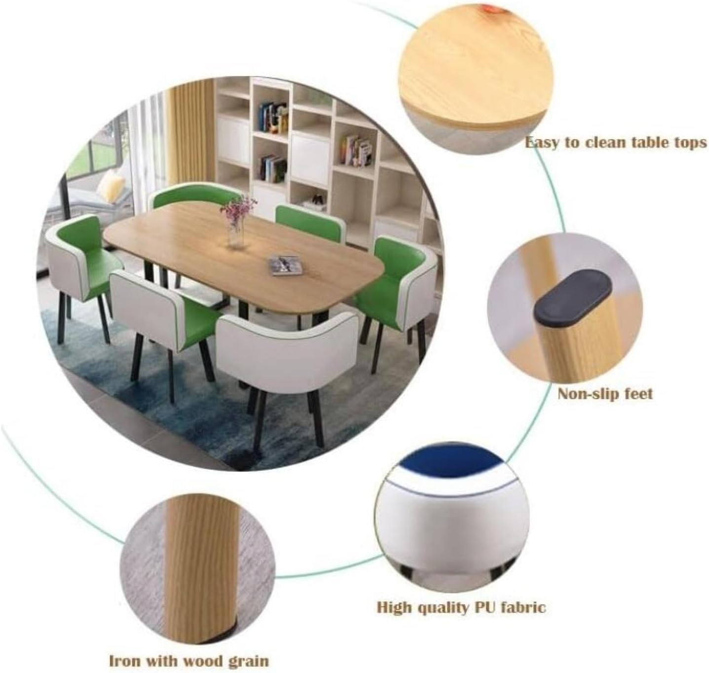 Modernes 7-teiliges Esszimmerset mit rundem Tisch und 6 Stühlen. Ideal für kleine Büroküchen oder Wohnzimmer. Zeitgenössische Möbel für Konferenz- oder Besprechungsräume. Stilvolles Lounge-S