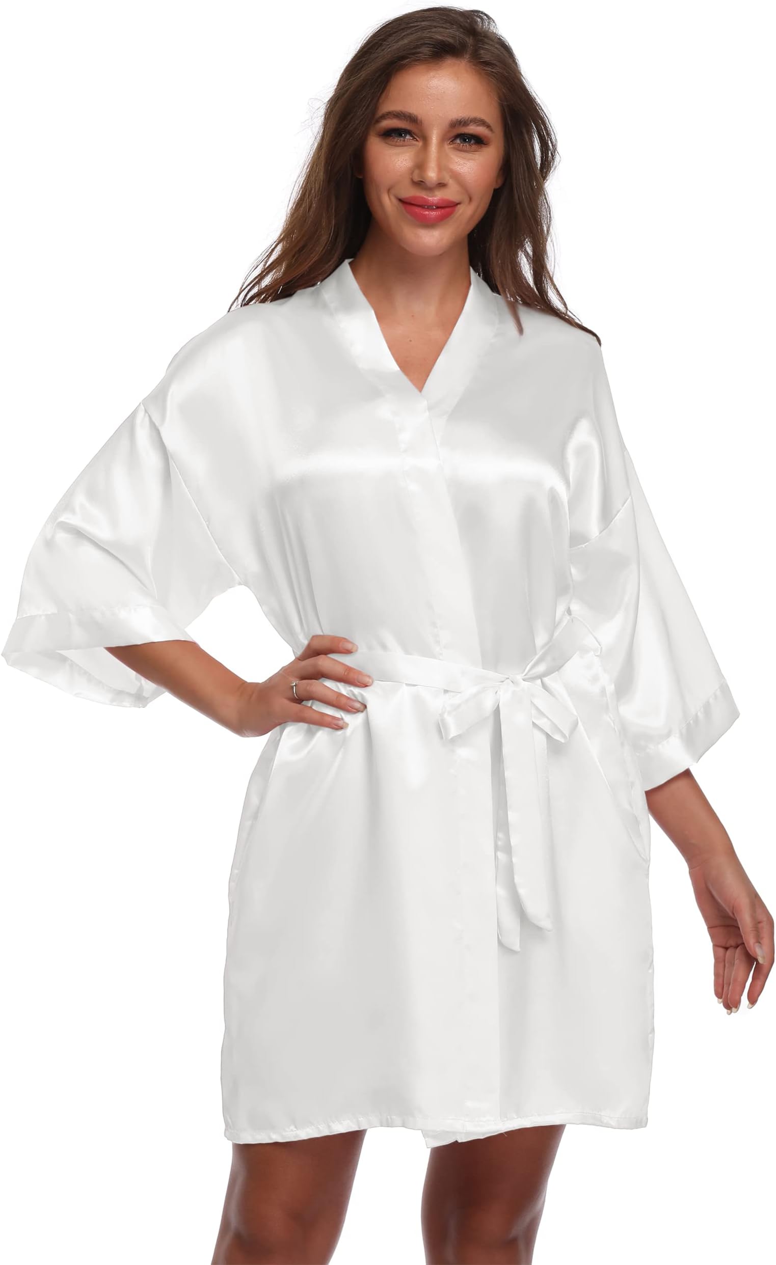 FADSHOW Women's Satin Short Robe Bridesmaid Bride Wedding Party Robes Silky Sleepwear Loungewear, White, Large