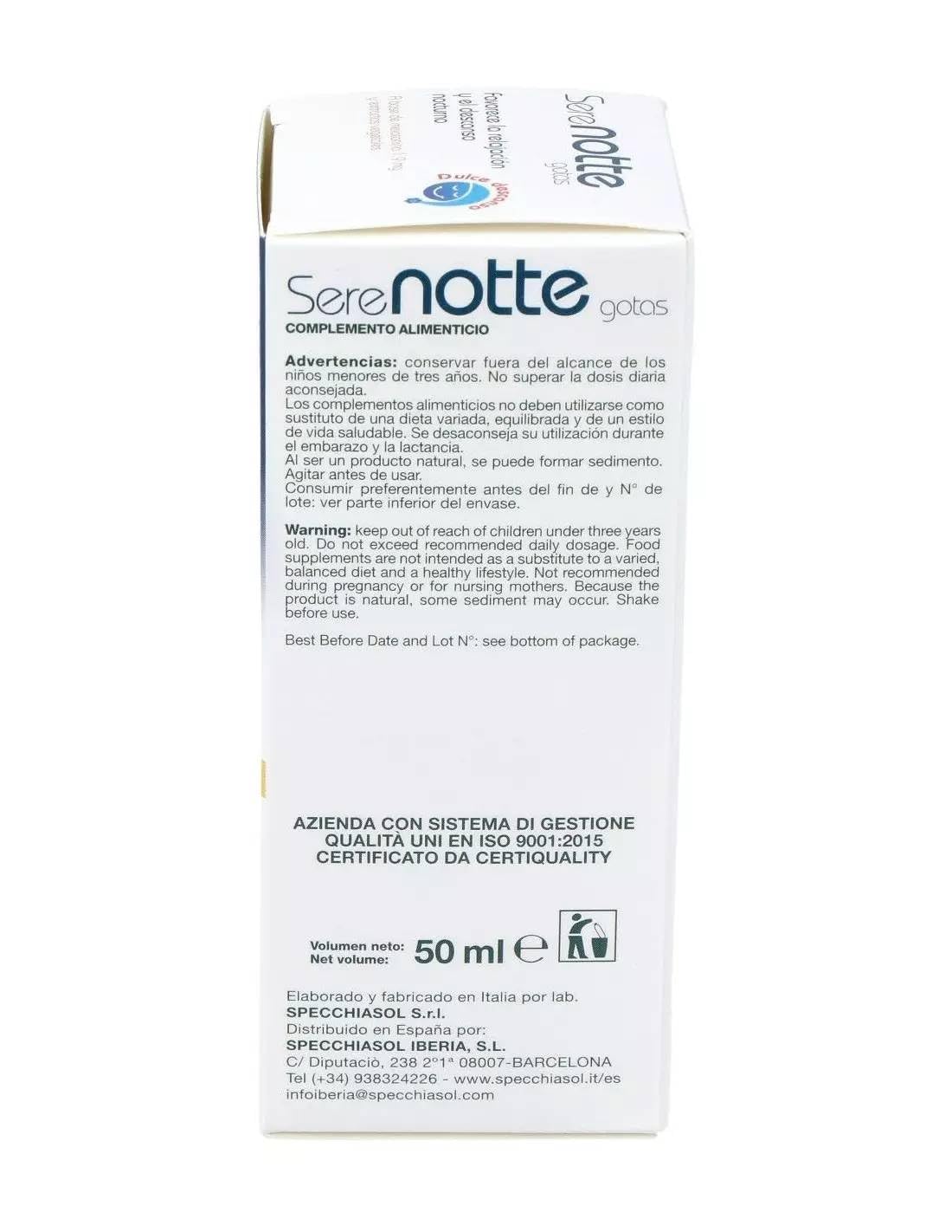 Pack 2 Serenote Melatonina Líquida 1,9 mg Specchiasol 50 ml, 100 ml totales, con L-teanina y extractos vegetales, formato en gotas para rutina nocturna.