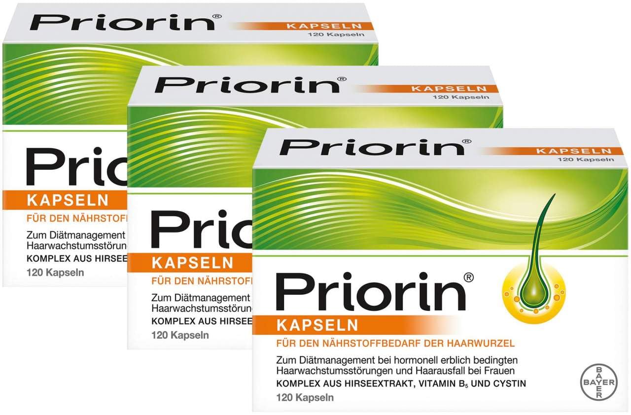 PRIORlN 3 x 120 Kapseln - Haarkapseln mit Nährstoffen für die Haarwurzeln - bei hormonell erblich bedingtem Haarausfall und Haarwachstumsstörungen