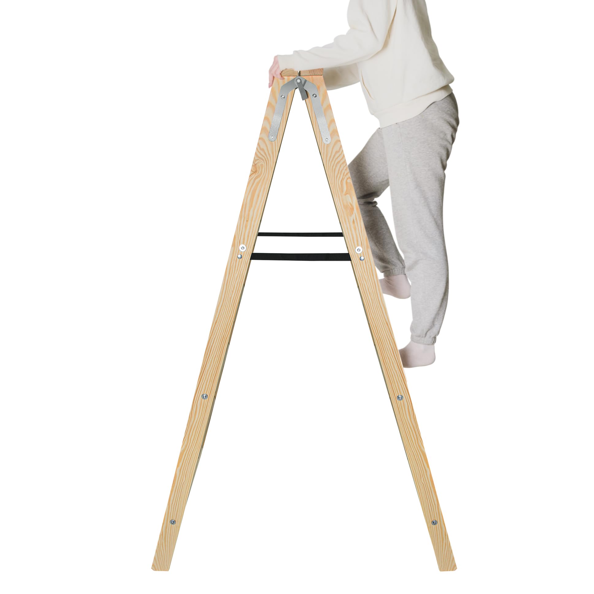 KADAX Échelle en Bois, Escabeau Pliante avec Crochet en Acier - 7 Marches