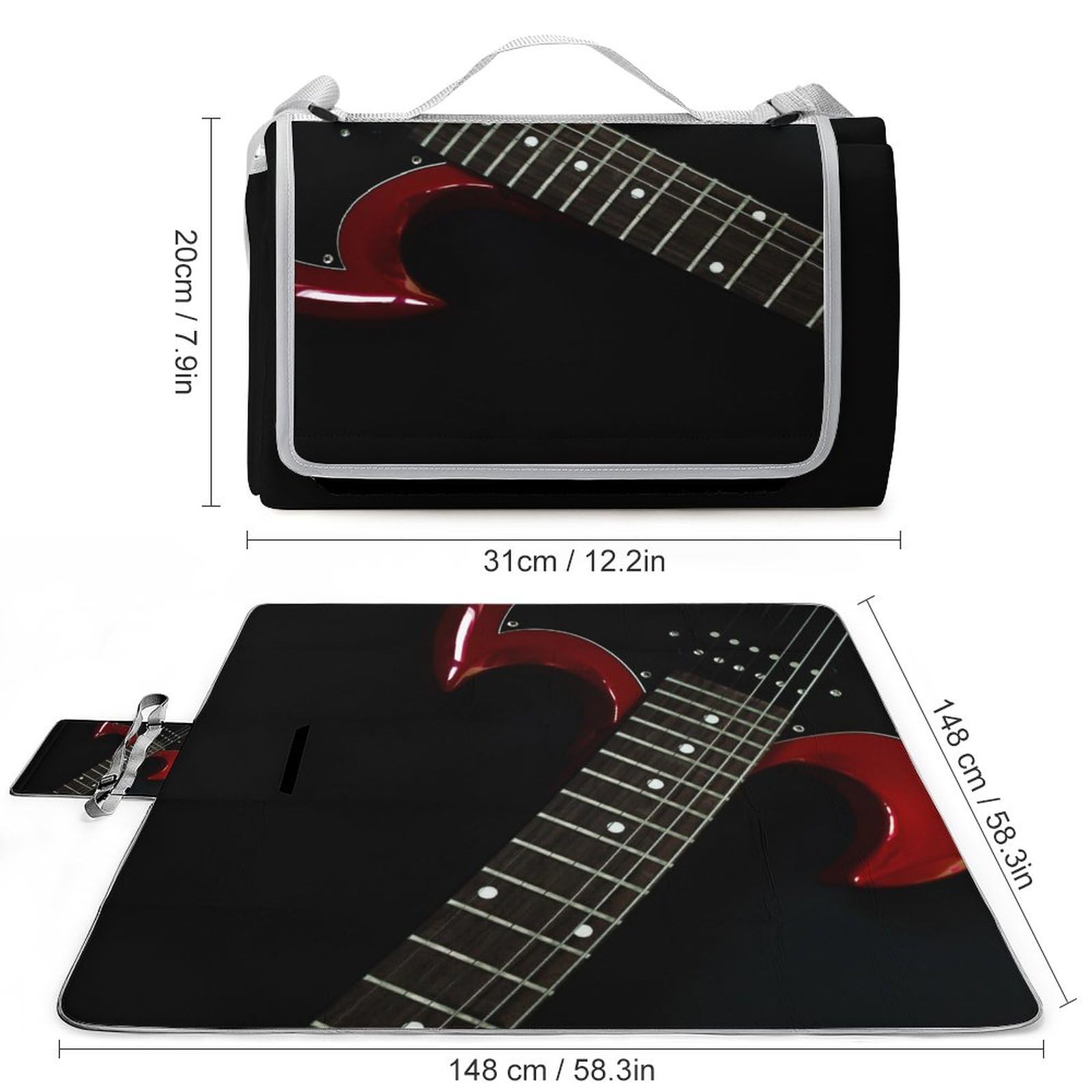 Red-Electric Guitar Picnic Blanket Waterproof Foldable, Large Outdoor Picnic Blanket Beach Blankets Camping Blanket Travel Mat, Shoulder Strap Tote, Rectangle 58x58in