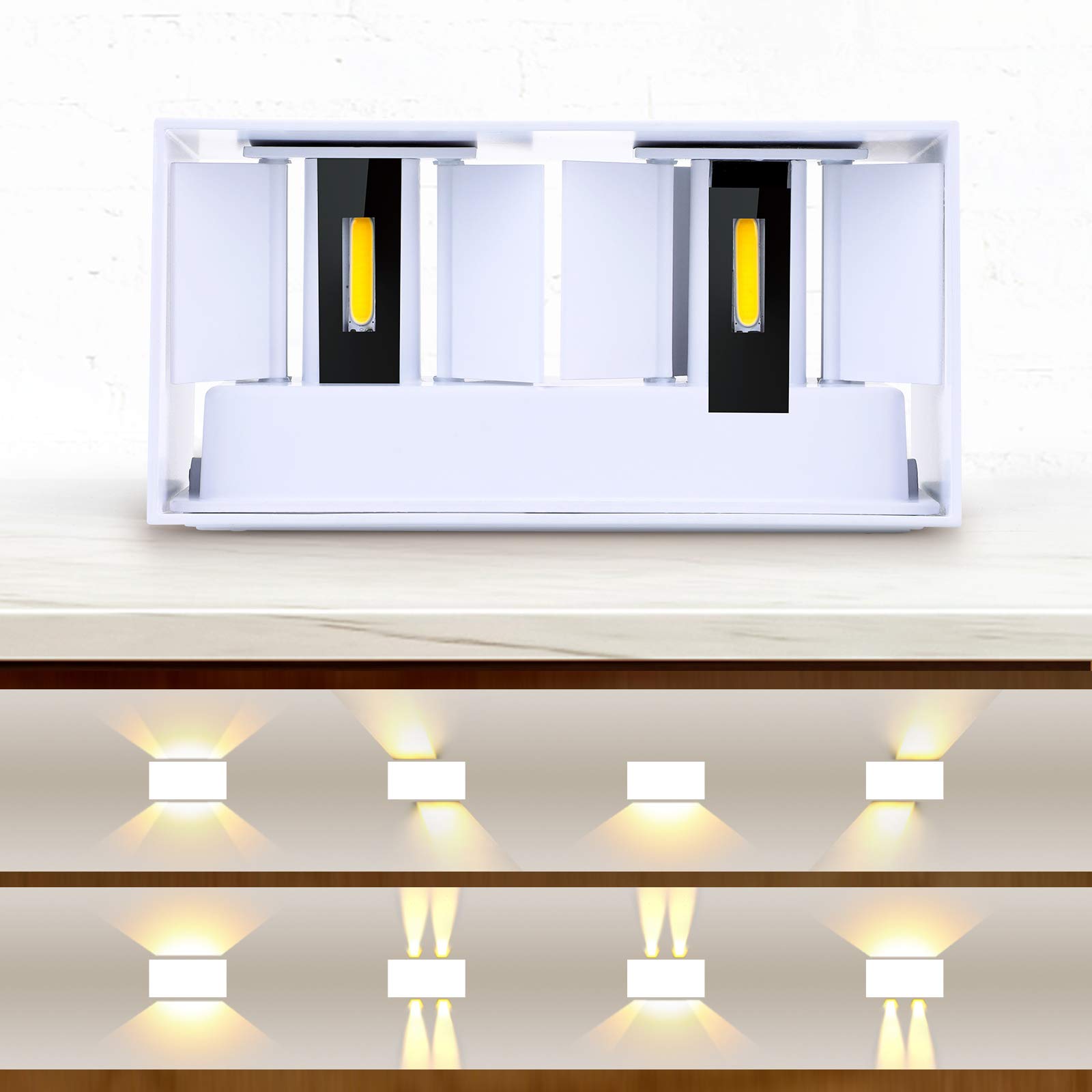 ENCOFT 24W Applique Esterno Interno COB LED, Lampada da Parete Muro IP65 Impermeabile, Luce Bianco Caldo 3000K, in Alluminio Angolo Regolabile, Bianco