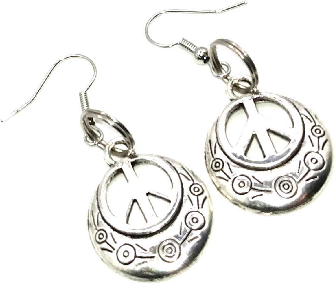 Handmade Dangle Earrings (Peace Sign Hippie Silver Charm) - Image 2