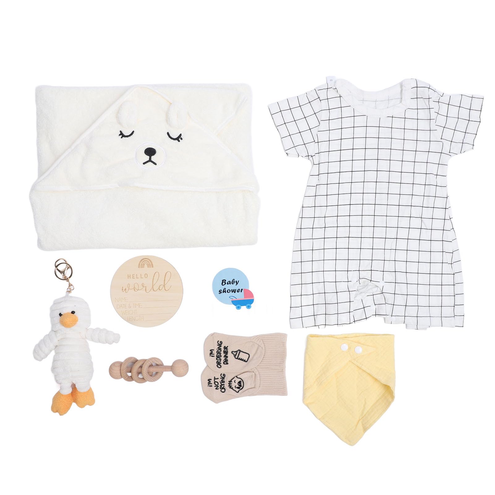 Cesta de Regalo para bebé, Juego de Regalos para Baby Shower Recién Nacido con Ropa de bebé Neutra, Manta, Baberos, Calcetines, Muñeca, Sonajero de Madera, Tarjeta de Felicitación para Niños