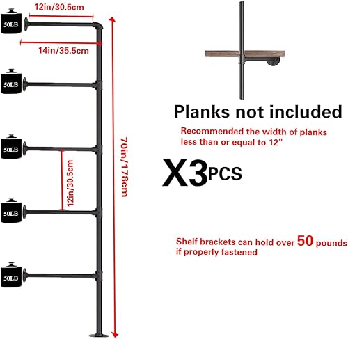 Miniatura 3 de Soporte de estante de tubo de hierro industrial para montaje en pared, estantería abierta retro, estantes de almacenamiento, estantes para colgar en