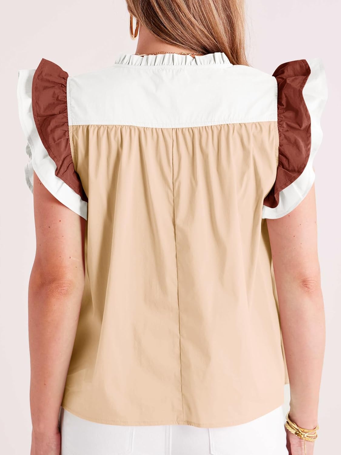 Tankaneo Womens Ruffle Color Block Tank Tops Summer Casual Dressy V Neck Pleated Blouse Loose Fit Sleeveless Shirts - Image 5