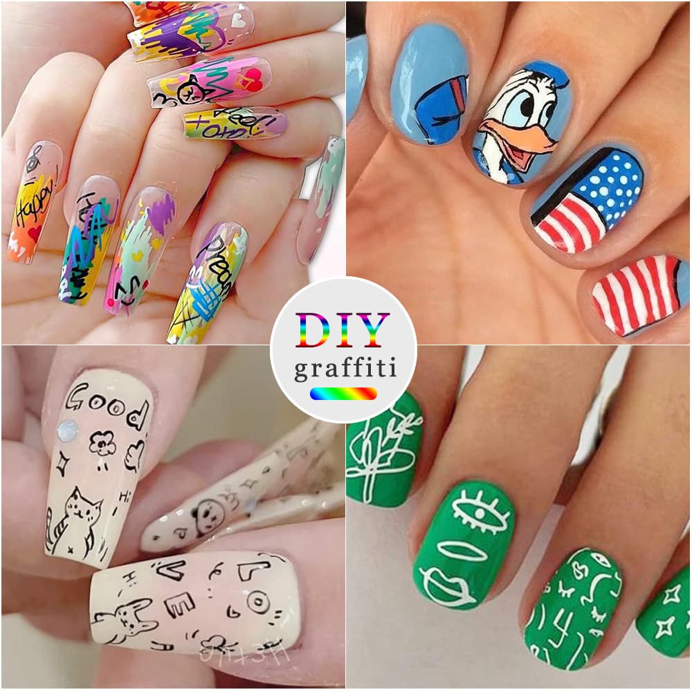 Stylos Nail Art-Pour unemanucure créative et sanseffort Kit Liner Ongle Enfant - Stylo Vernis à Ongles 3D Dotting Tool - 12 Couleurs - Crayon Blanc - Pointes Fines pour Nail Art Graffiti