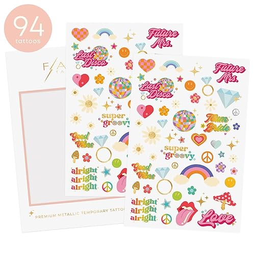 Miniatura 2 de Flash Tattoos GROOVY BACHELORETTE tatuajes temporales  94 tatuajes de papel de aluminio con purpurina  despedida de soltera de discoteca  Ducha de
