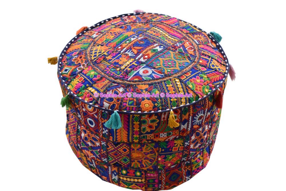 Sophia-Art Indian Embroidered Patchwork Cover Indian Decorative Pouf Indian Comfortable Floor Cotton Cushion Ottoman Pouf,Indian Designs Ethnic Patchwork Pouf (Blue Rajkoti, 18"x13")