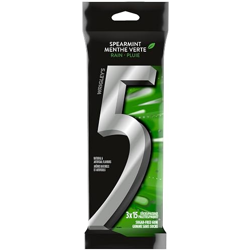 5 GUM, Spearmint-Rain Flavoured Sugar Free Chewing Gum, 15 Sticks, 3 Packs - Spearmint