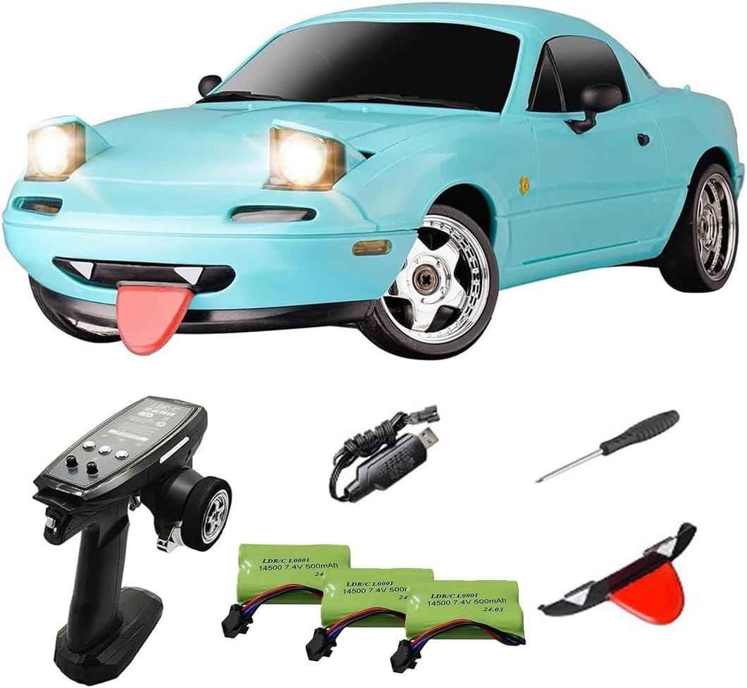 LDRC 1804 Pro RC Drift Car Model with Gyro, 1/18 Scale RWD Full Proportional Control RTR Mini Racing Drift Car for Adult, Alloy Body Shell - 3 Battery