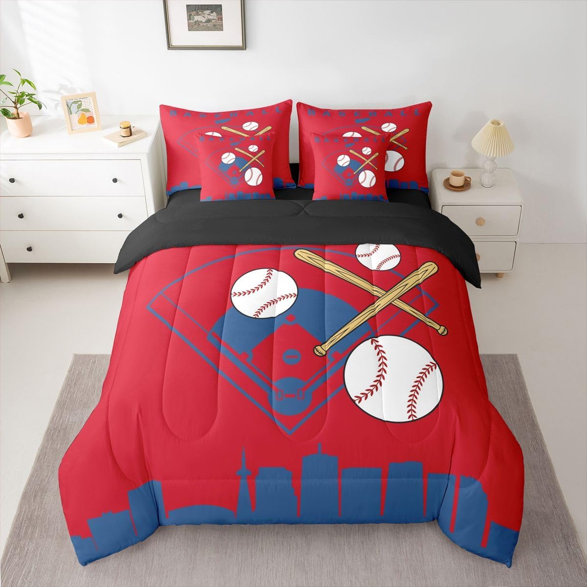 Erosebridal Kids Baseball 7 Piece Bedding Set Softball City Queen Comforter Set for Boys Teens Youth Baseball Bat Sheet Sets Sports Games Bed in A Bag with Flat Sheet