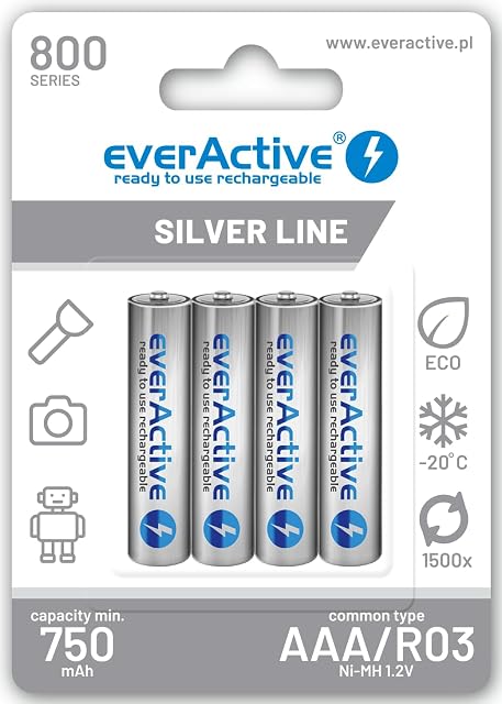 everActive Akumulator AAA 800 mAh 4 sztuki, NI-MH, Micro R03, do ponownego ładowania, wstępnie naładowany, Silver Line 1,2 V, 1 opakowanie blistrowe EVHRL03-800, srebrny