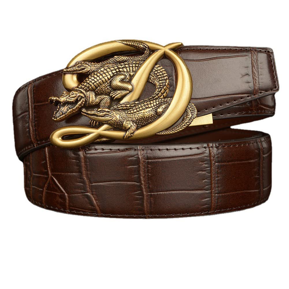BDAYEK Men's Belt Men's Genuine Leather Ratchet Belt, Adjustable Trim Cowhide Crocodile Automatic Buckle L 130Cm 51Inch