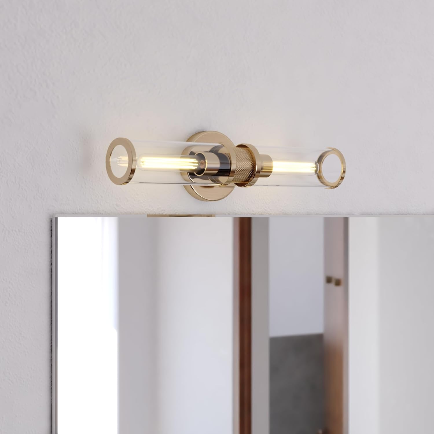 VAXCEL Levitt 2 Light Bathroom Vanity Fixture, Mid Century Modern Industrial Style, Satin Brass Finish, Clear Glass
