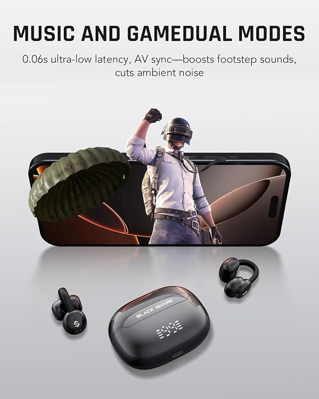 Black Shark Clip-On Earbuds, Open Ear Earbuds, Music and Game Dual Modes, 5g Lightweight & Digital Display Design, DNN Clear Calls, 50H Play Time, Comfort Fit for Sports, Running, Workout image 5