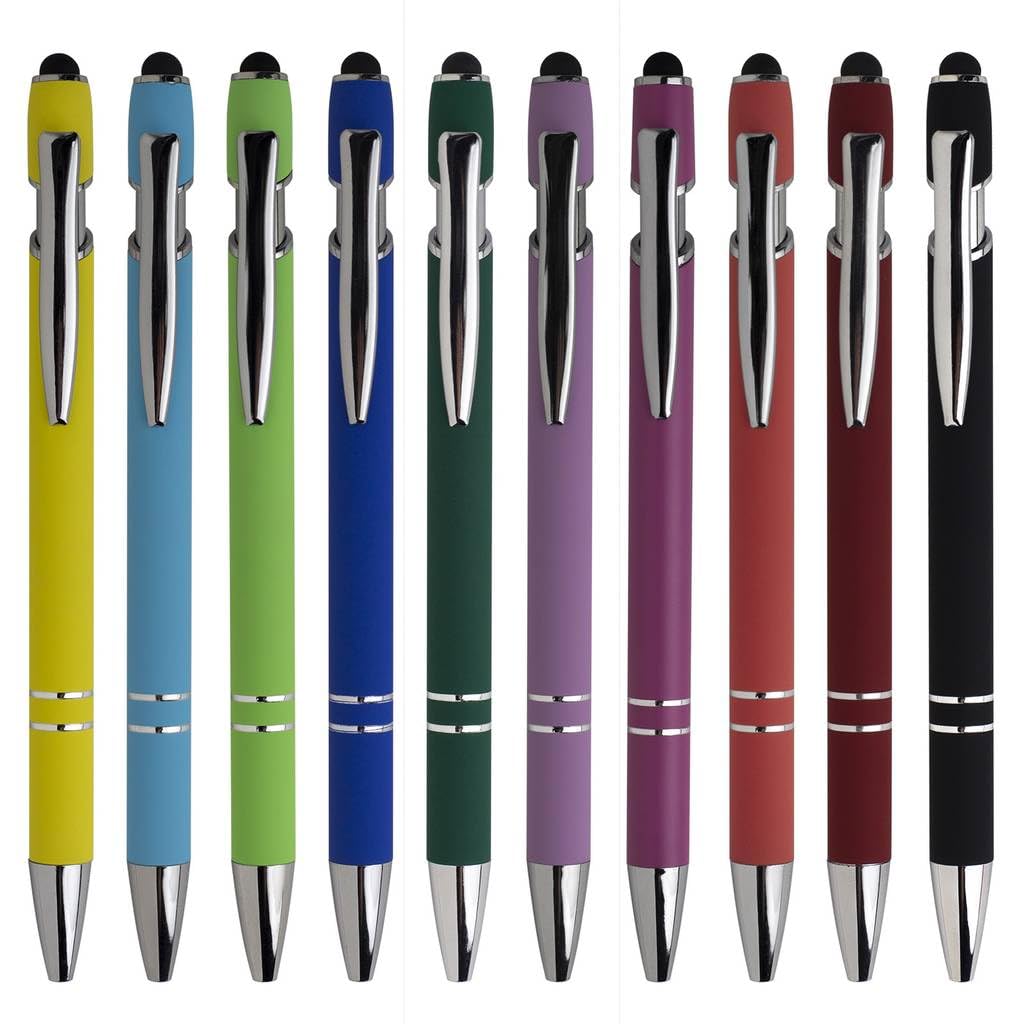 Idcrea 10-Pack Ballpoint Pens with Stylus Tip, Black Ink, 1.0mm Medium Point, Matte Metal Barrel, Assorted Colors – Soft Touch Grip for Office, School