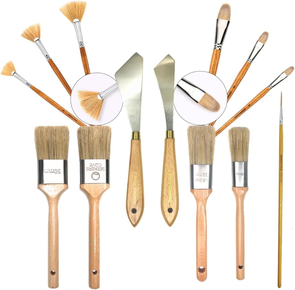 13 Piece Pro Paintbrush Kit - Landscape Brush Set - Wet on Wet - 1, 1.5, 2 Inch Blender Brush, Fan, Filbert, Knives, and Fineliner - Natural Bristle - Oil and Acrylic