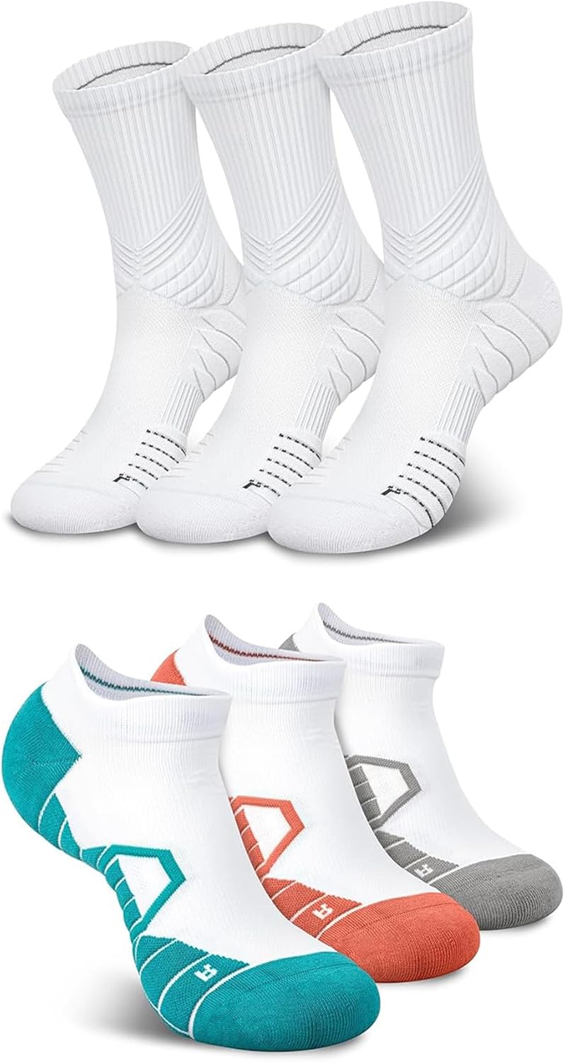 Hylaea 6 Pairs Running Socks for Men, Coolmax Anti-Blister Cushion Socks for Athletic, Padded Moisture Wicking & Seamless Size XL White & Red Blue Grey