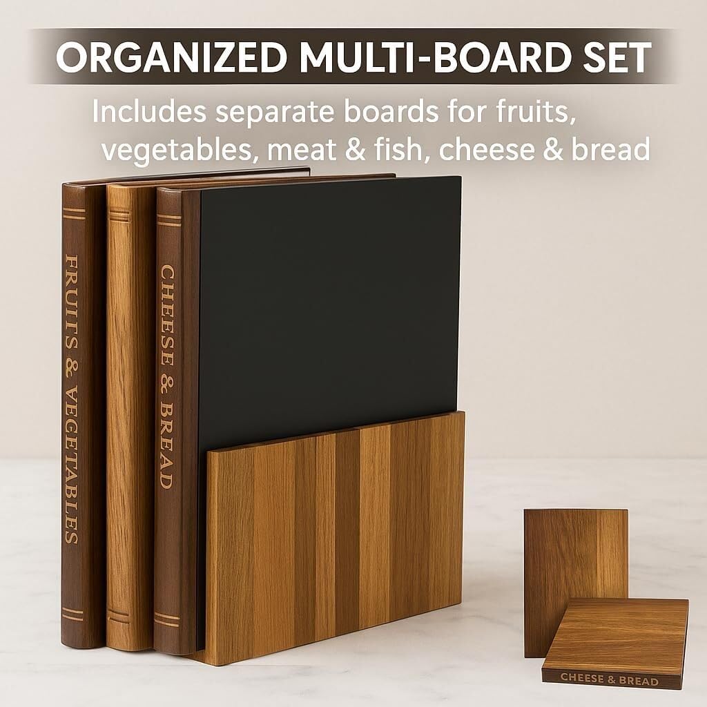 Book Cutting Board Set, Wooden Book Shaped Cutting Board Set with Holder, Book Style Cutting Boards for Kitchen, Cutting Board Book Set for Meat Bread Cheese Fruits (3PC)