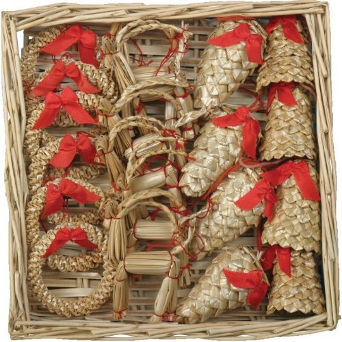Christmas Straw Ornaments - Set of 20 Pieces & Wicker Basket