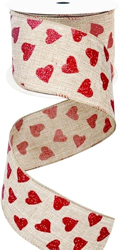 Cinta con alambre de tela de corazón rojo con purpurina para el día de San Valentín, 2.5 pulgadas, 10 yardas, cintas naturales de boda, cintas rojas