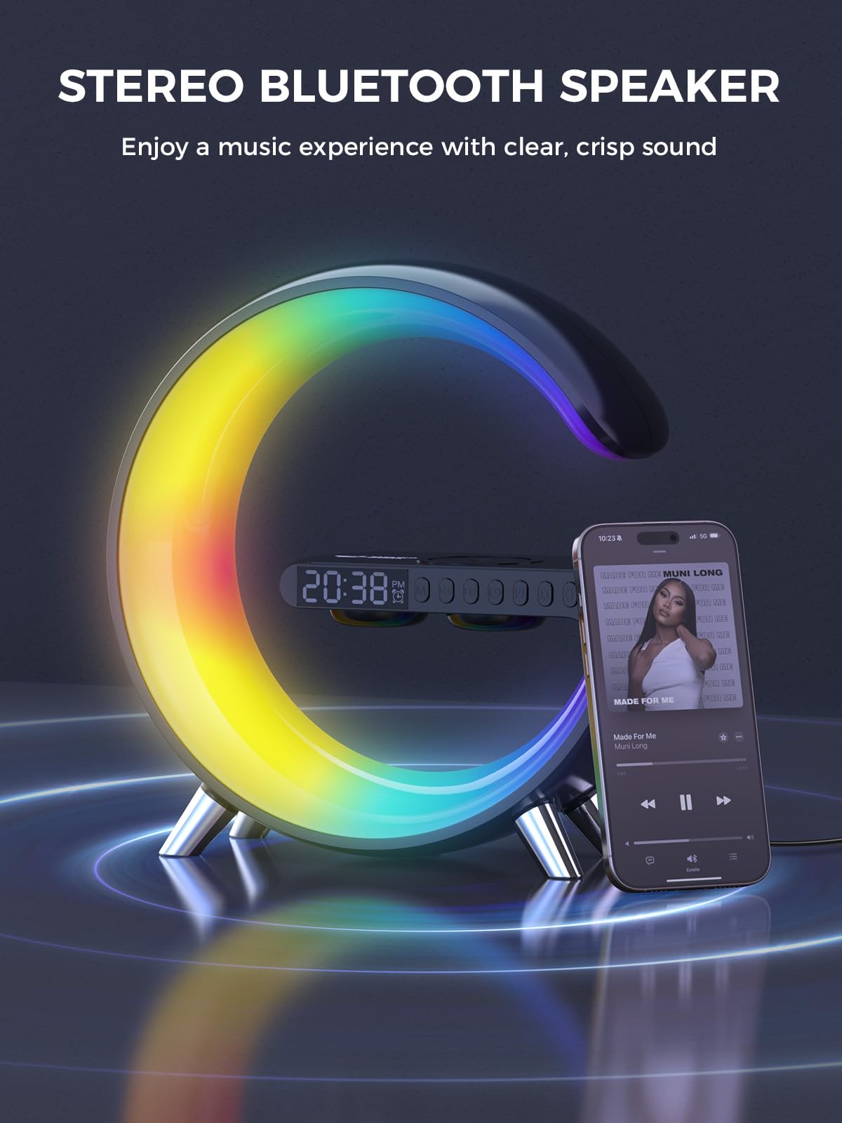 Smiling Shark Lichtwecker, Intelligente Wecker Licht Atmosphärenlicht mit Kabelloses Ladegerät Bluetooth Lautsprecher Dimmbar Naturgeräuschen App Steuerung Sonnenaufgang Licht Wecker für Wohnzimmer