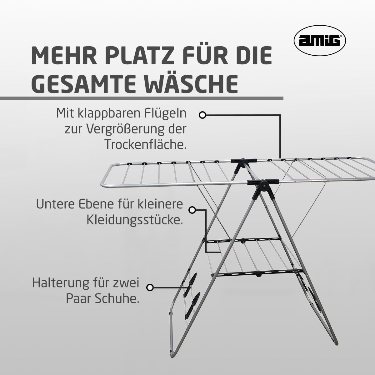 Amig - Klappbarer Wäscheständer mit Flügeln Mod. Aeria UrbanDry - Aluminium und Stahl - Wäschetrockner - Einfaches Auf- und Zusammenklappen - 15m Trockenfläche - 145x60x95 cm - Farbe Silber/Schwarz