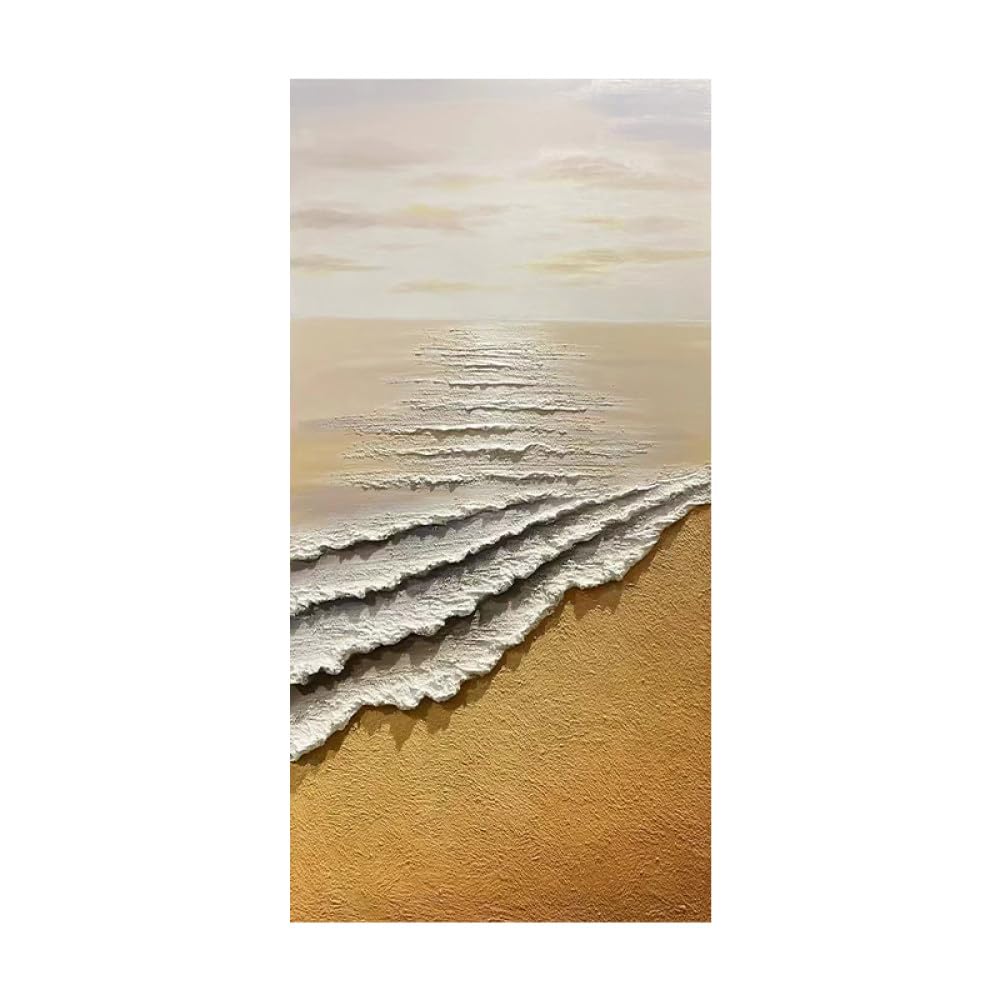 LCDIUDIU Oil Painting, Modern Abstract White Thick Texture Waves Beach Scenery Artwork Frameless Hand Oil Paintings On Canvas Wall Art For Living Room Bedroom Office Home Decor,150X300Cm(60X120Inch)