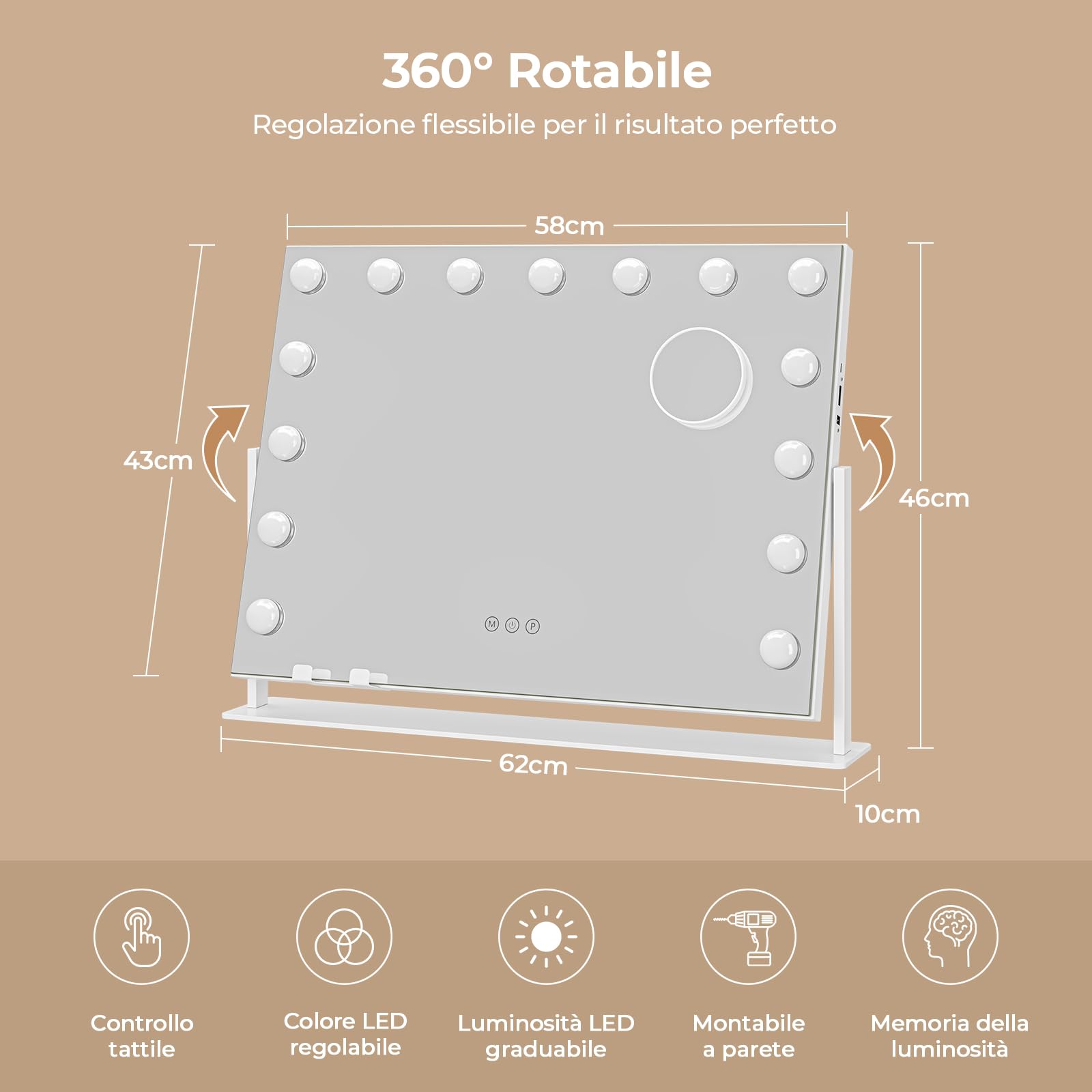 Dripex Specchio da Trucco con Luci Hollywood 15 LED, 46Lx62l cm, Rotazione a 360°, 3 Temperature di Colore, Regolazione Luminosità, Supporto per Telefono Rimovibile, Superficie Specchio: 43Lx58l cm