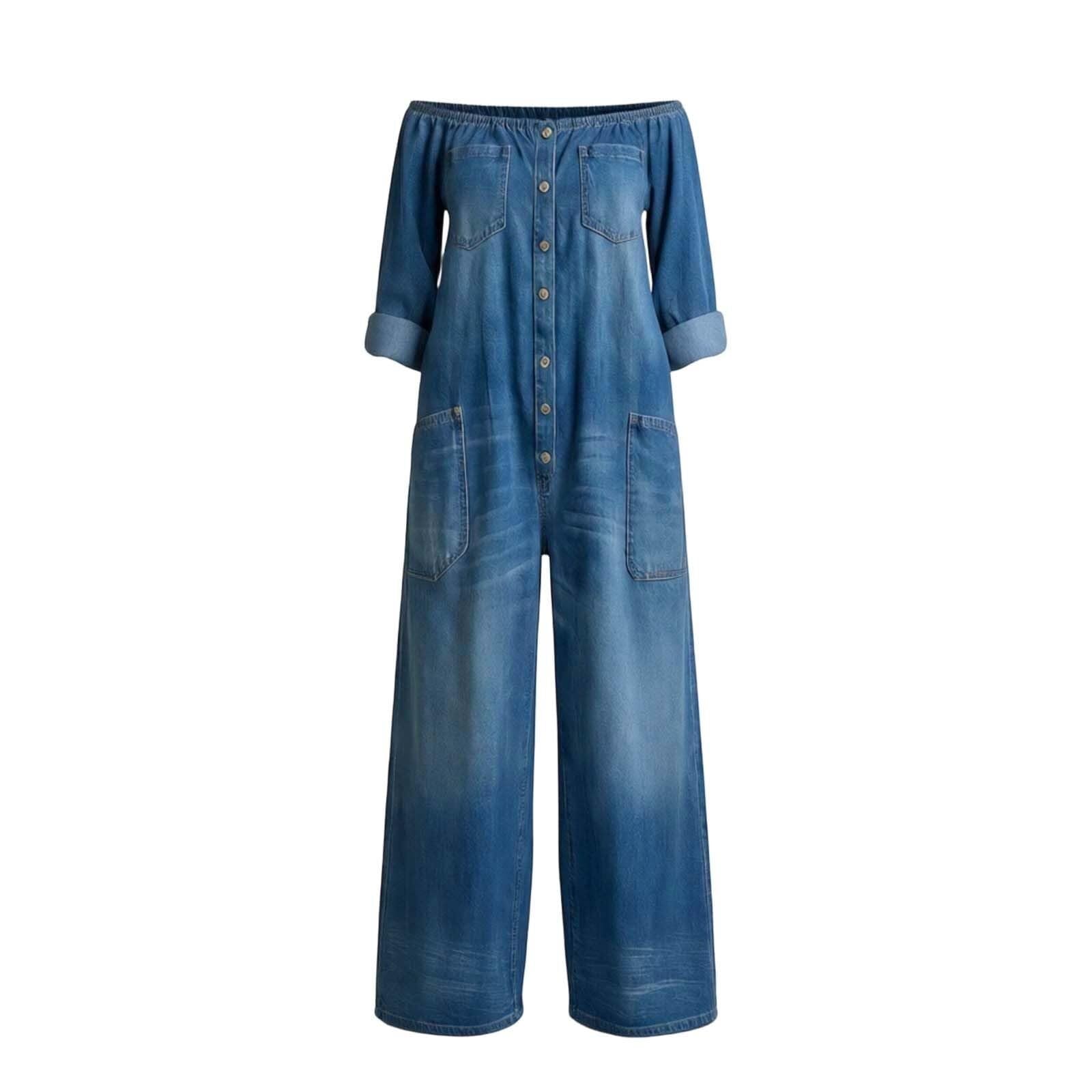 Generale Tuta Intera Jeans Donna Maniche Lunghe, Spalline Scoperte con Bottoni, Pantalone Gamba Larga Casual con Tasche